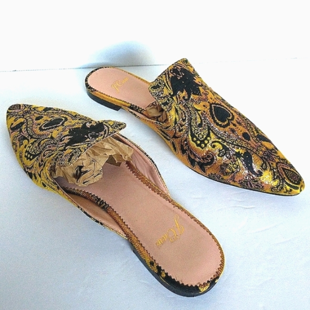 Excellent Used Pair J. Crew Marina Marigold/Black Brocade Pointed Toe Flat Mule - Picture 2 of 14